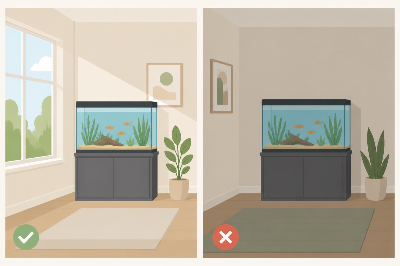 Illustration contrasting two placements of a tank in a room: one beside a bright window, one on an interior wall away from the window.
