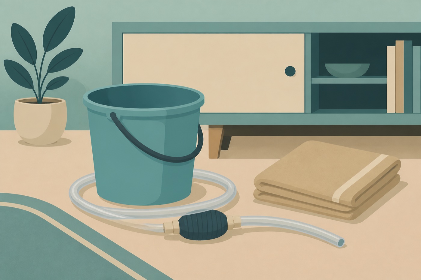 Illustration of a bucket, a siphon hose and a folded towel beside a low cabinet.