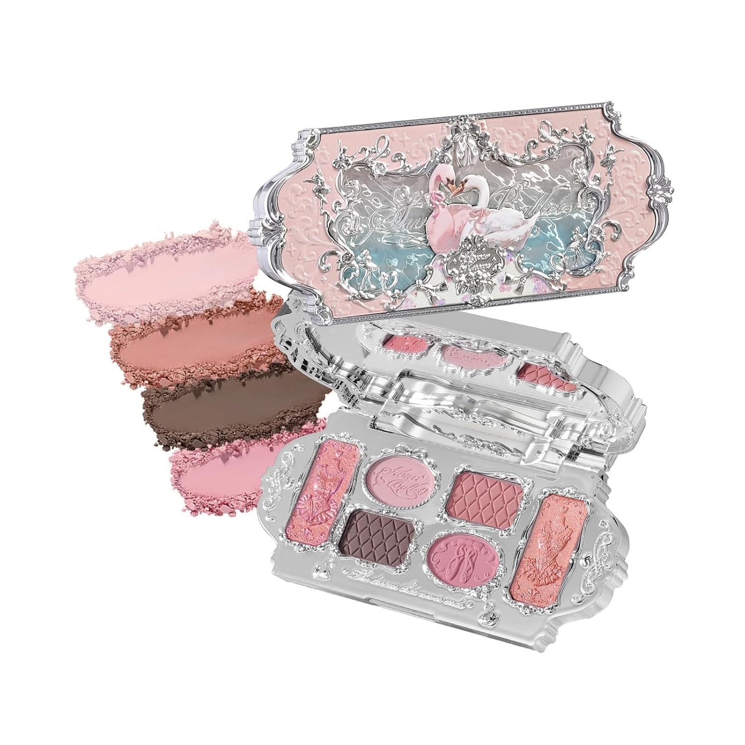 Flower Knows Swan Ballet six-colour makeup palette in a decorative case.