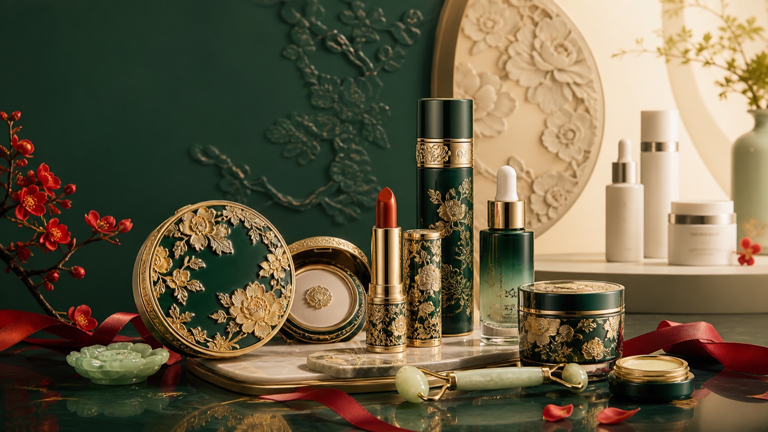 Illustration of ornate green-and-gold Chinese-style cosmetics packaging arranged beside plain white skincare bottles.
