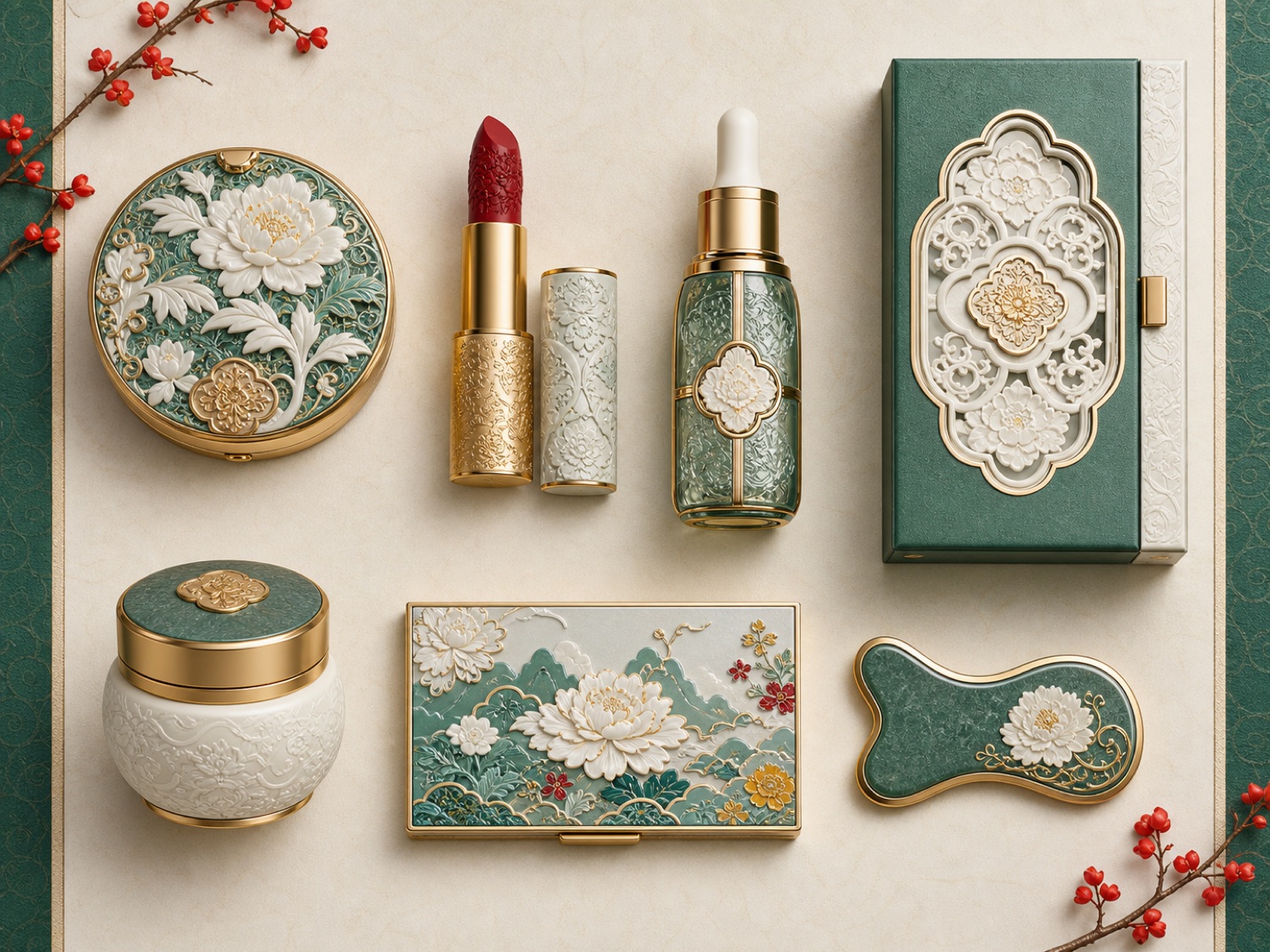 Overhead illustration of ornate compacts, a lipstick, a serum bottle, a gift box and a gua sha stone in jade, porcelain and gold finishes.