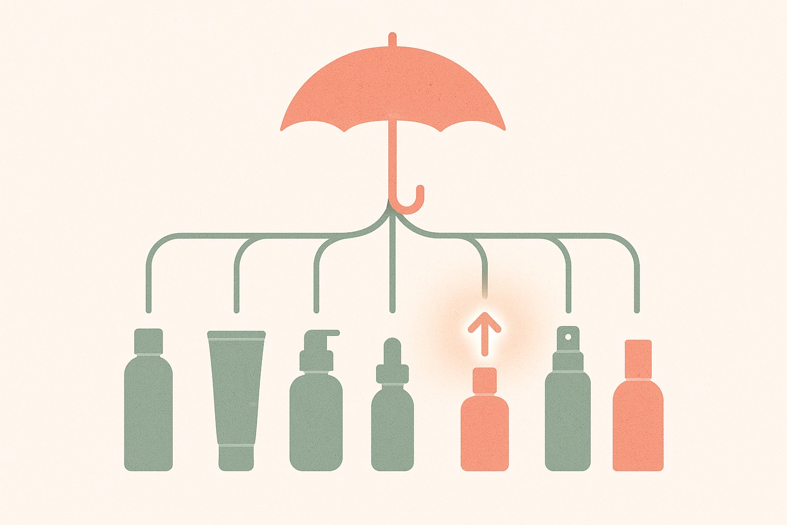 Illustration of a corporate ownership tree, with sub-brands beneath a parent conglomerate umbrella.