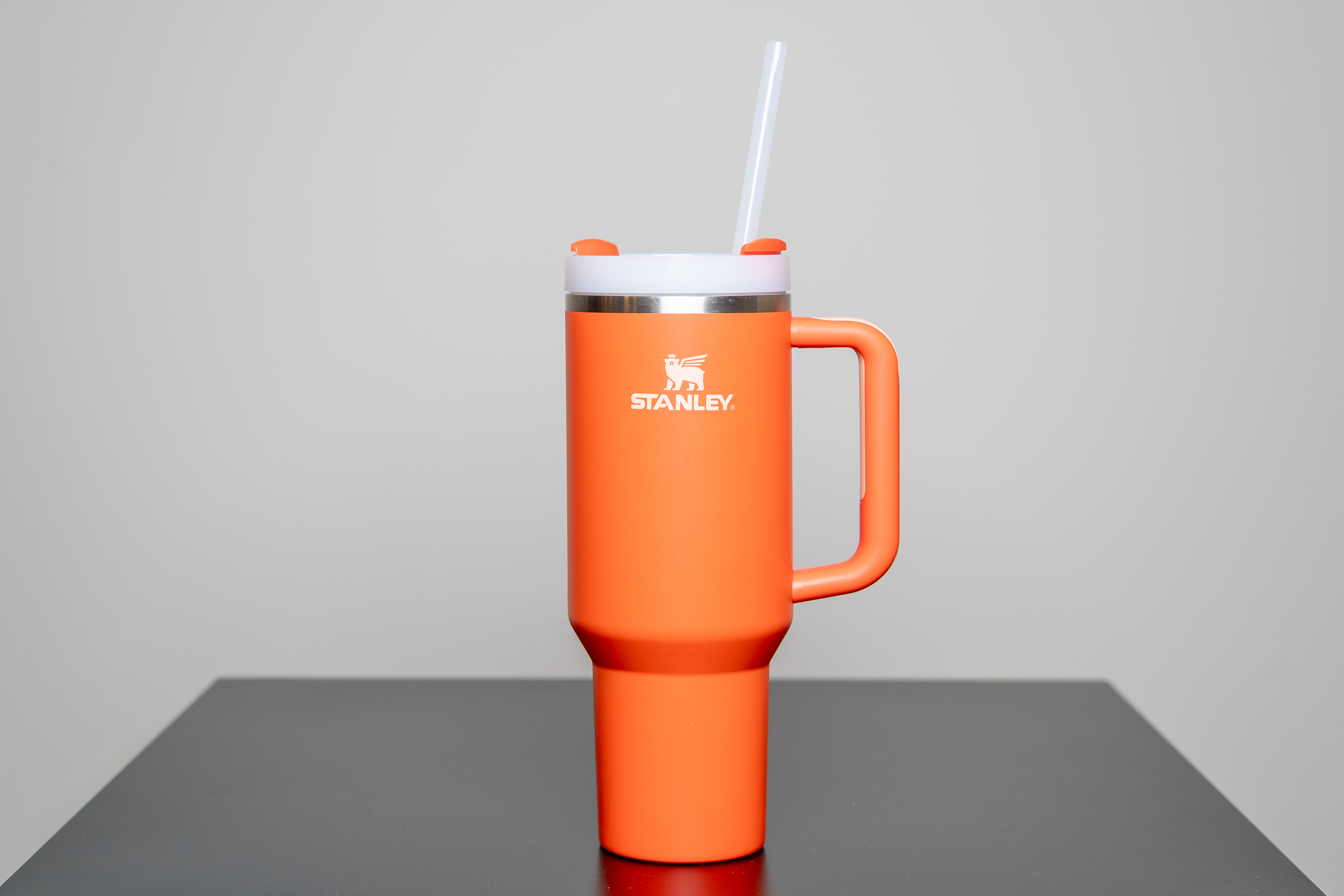 A Stanley stainless steel water bottle, a real photograph.
