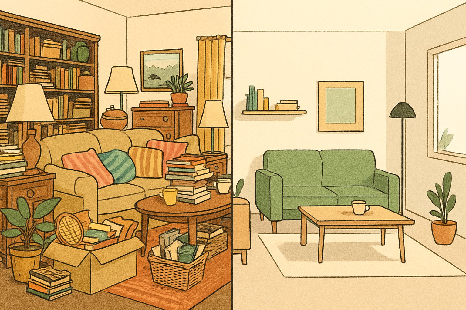 AI-generated illustration comparing an overstuffed large house with a calm small space