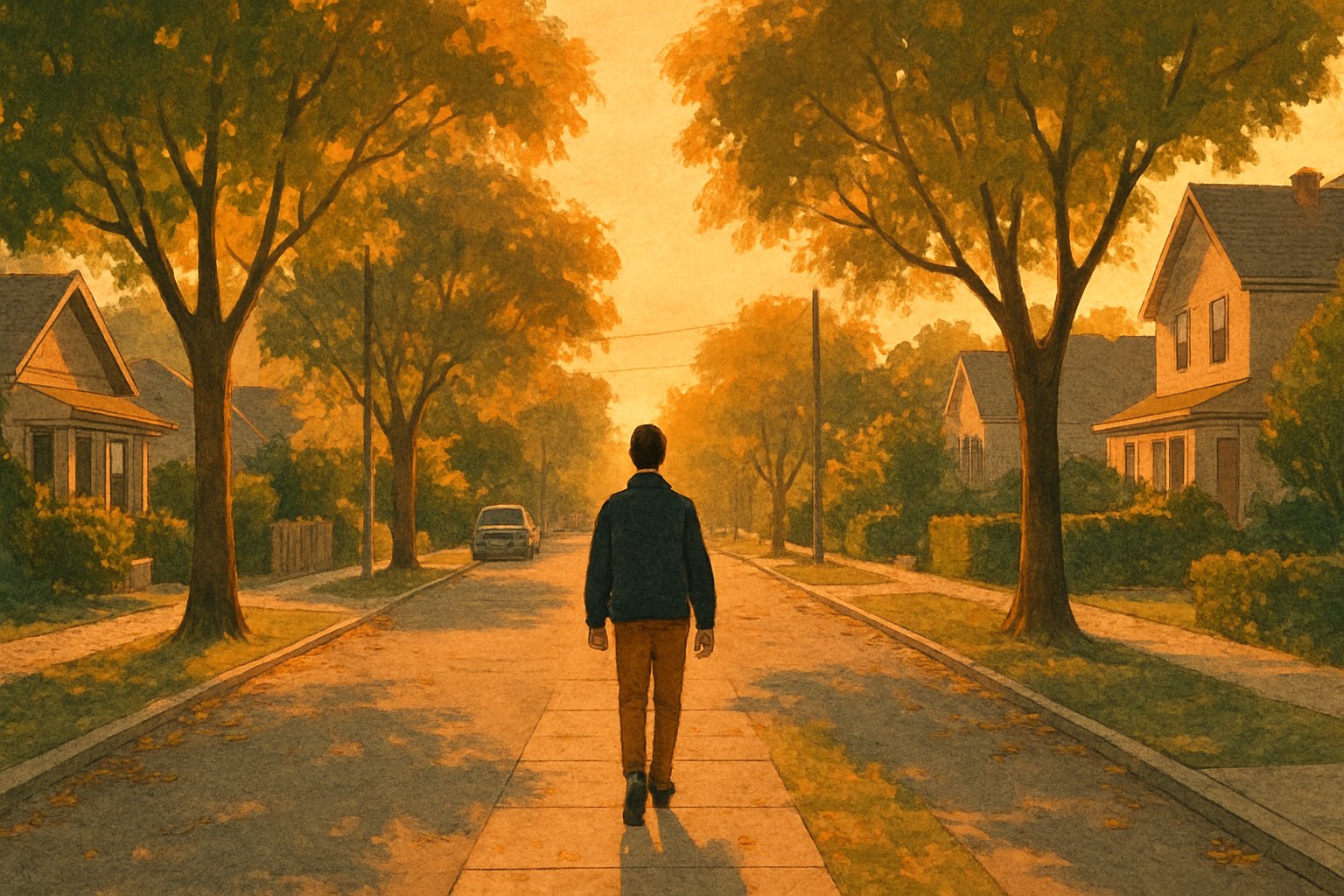 AI-generated illustration of a person walking calmly down a quiet residential street