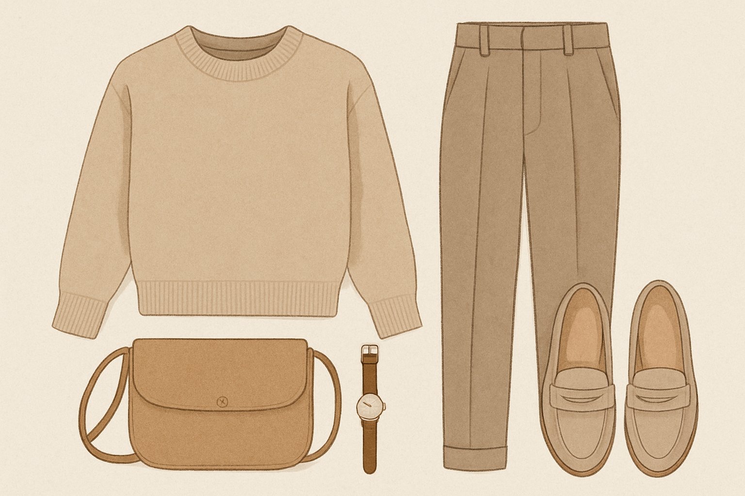 AI-generated illustration of a minimalist, logo-free clothing flat-lay