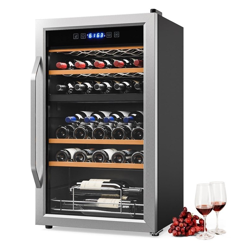 Bonnlo 33 Bottle Dual Zone Wine Cooler Refrigerator, 41°F-64°F Freestanding Compressor Wine Chiller, Beverage Wine Fridge with Digital Temp Control & Glass Door for Red White Wine, Champagne, Beer