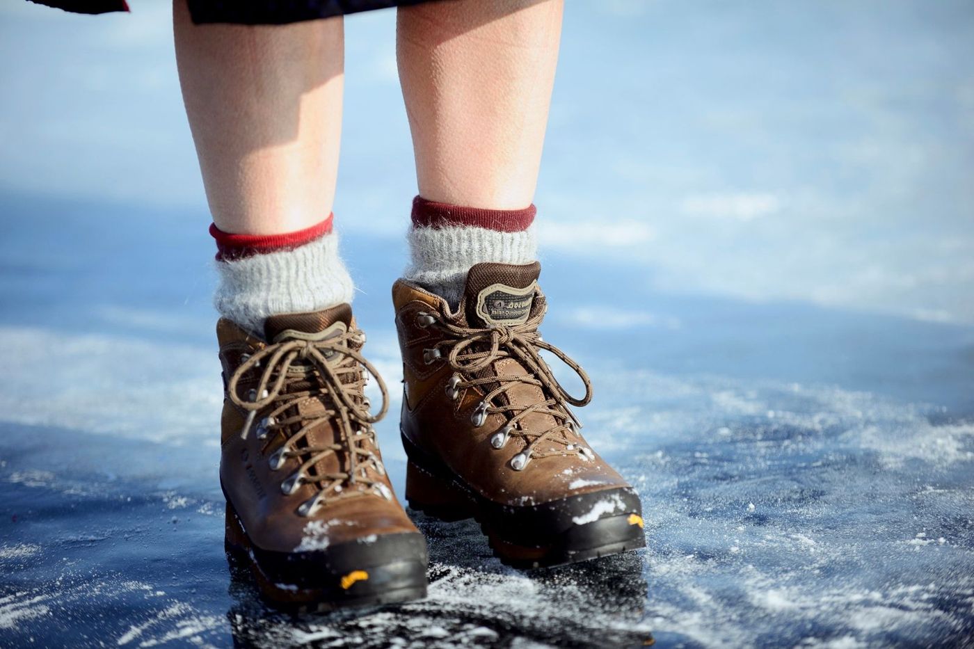 Hiking boots on a patch of ice