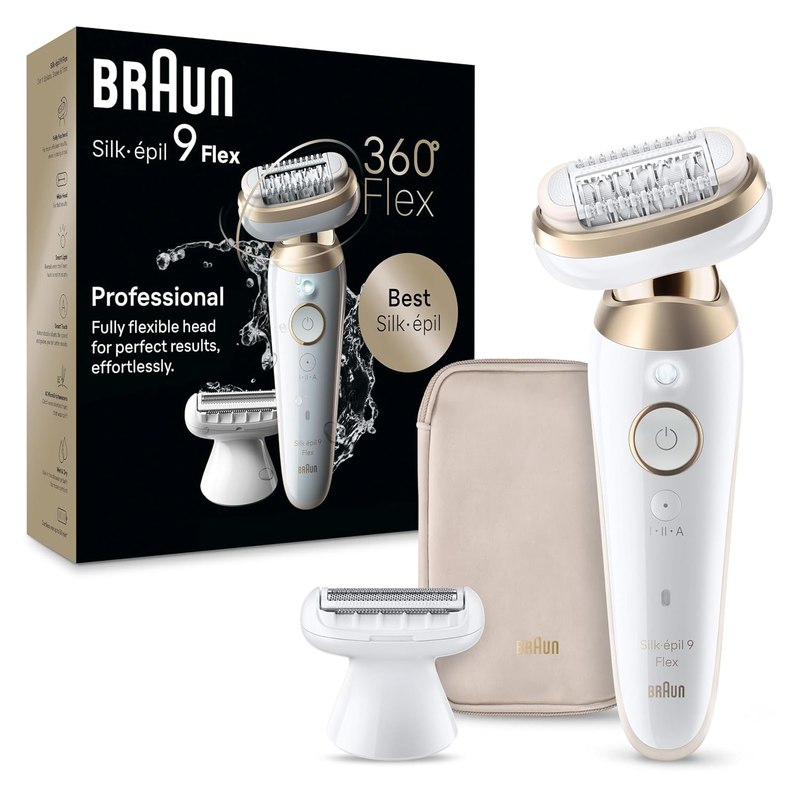 Braun Silk-épil 9 Flex Epilator, 360 Flex and Pivoting Head, Wet and Dry, Includes Shaver Head, Trimmer Comb, SES9-041 3D, Tinted Gold