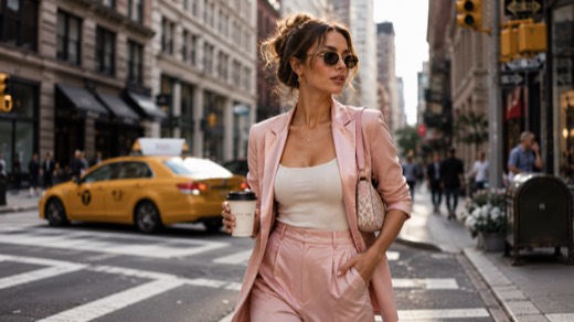 Generic street-style illustration of a woman in a pink structured blazer hailing a cab