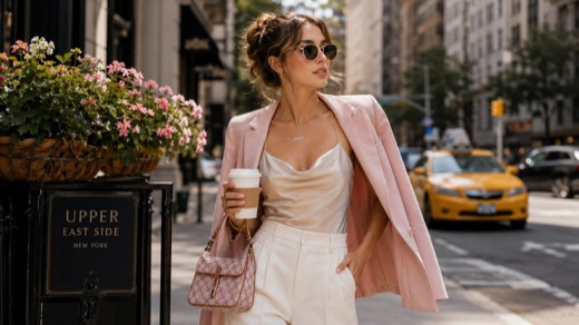 Generic street-style illustration of a woman in a structured blazer near an Upper East Side street sign