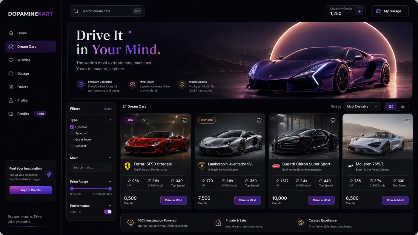 The WheelDream interface: a hypercar hero reading Drive It in Your Mind, above a grid of dream cars priced in Dopamine Credits with Drive in Mind buttons.