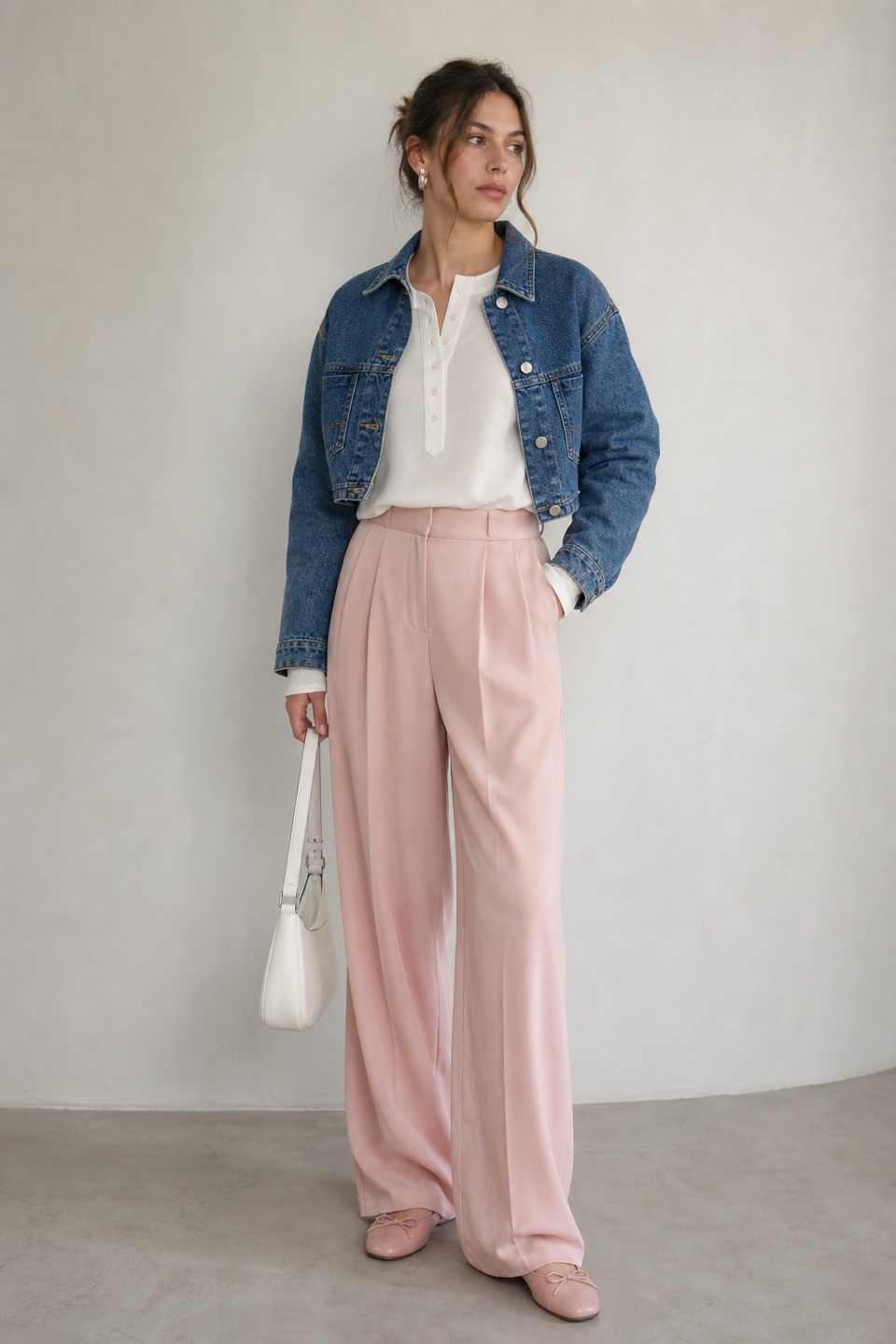 Outfit with White Blouse, Pink Silk Wide-Leg Trousers, Pink Ballet Flats curated by @dopasnap