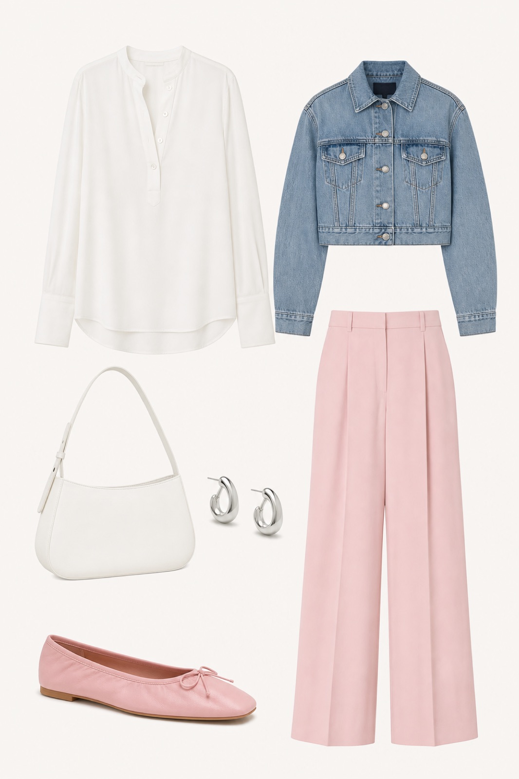 Outfit with White Blouse, Pink Silk Wide-Leg Trousers, Pink Ballet Flats curated by @dopasnap