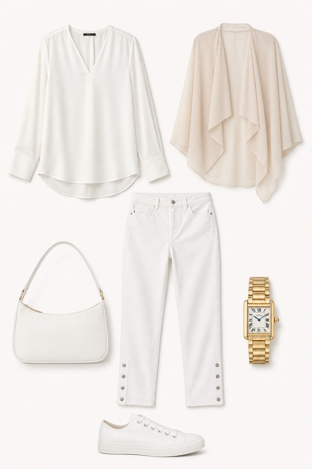 Outfit with White Silk V-Neck Blouse, White Cropped Denim Jeans, White Canvas Low-Top Sneakers curated by @dopasnap