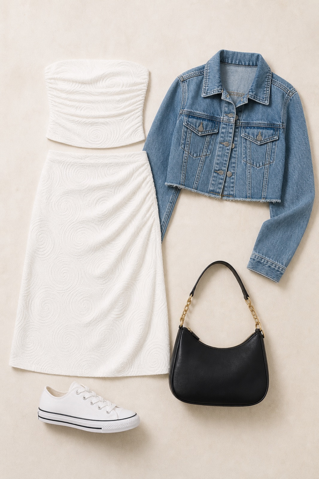Outfit with 2 piece dress spiral blue and white, Cropped Denim Jacket, White canvas low-top sneaker curated by @dopasnap