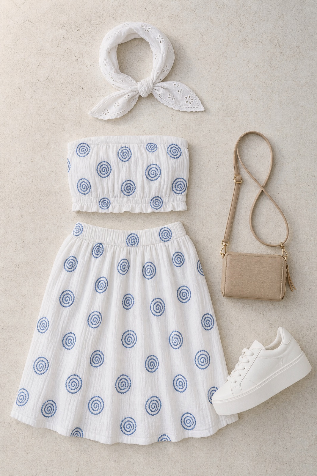 Outfit with 2 piece dress spiral blue and white, White platform sneakers, Crossbody Wallet Purse curated by @dopasnap