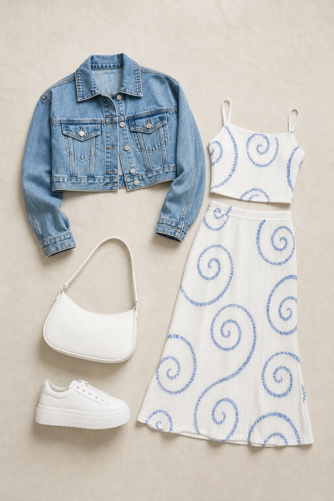 Outfit with 2 piece dress spiral blue and white, Cropped Denim Jacket, White platform sneakers curated by @dopasnap