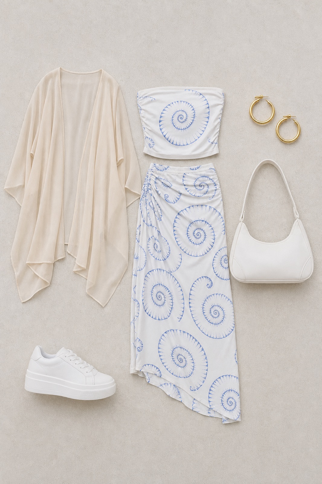 Outfit with 2 piece dress spiral blue and white, Chiffon Cape Shrug, White platform sneakers curated by @dopasnap