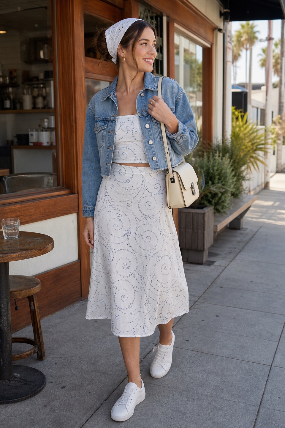 Outfit with 2 piece dress spiral blue and white, Cropped Denim Jacket, White leather low-top sneakers curated by @dopasnap