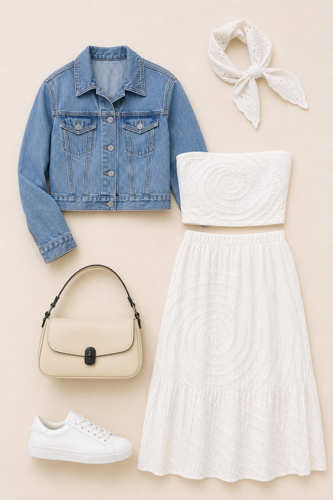 Outfit with 2 piece dress spiral blue and white, Cropped Denim Jacket, White leather low-top sneakers curated by @dopasnap