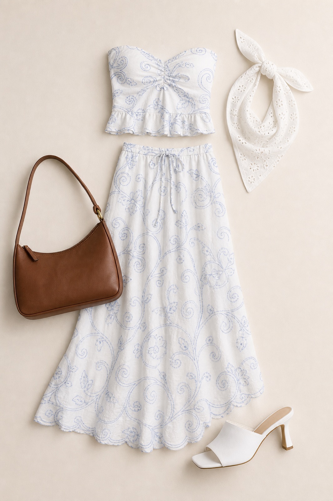 Outfit with 2 piece dress spiral blue and white, White Mule Heels, Brown Leather Handbag curated by @dopasnap