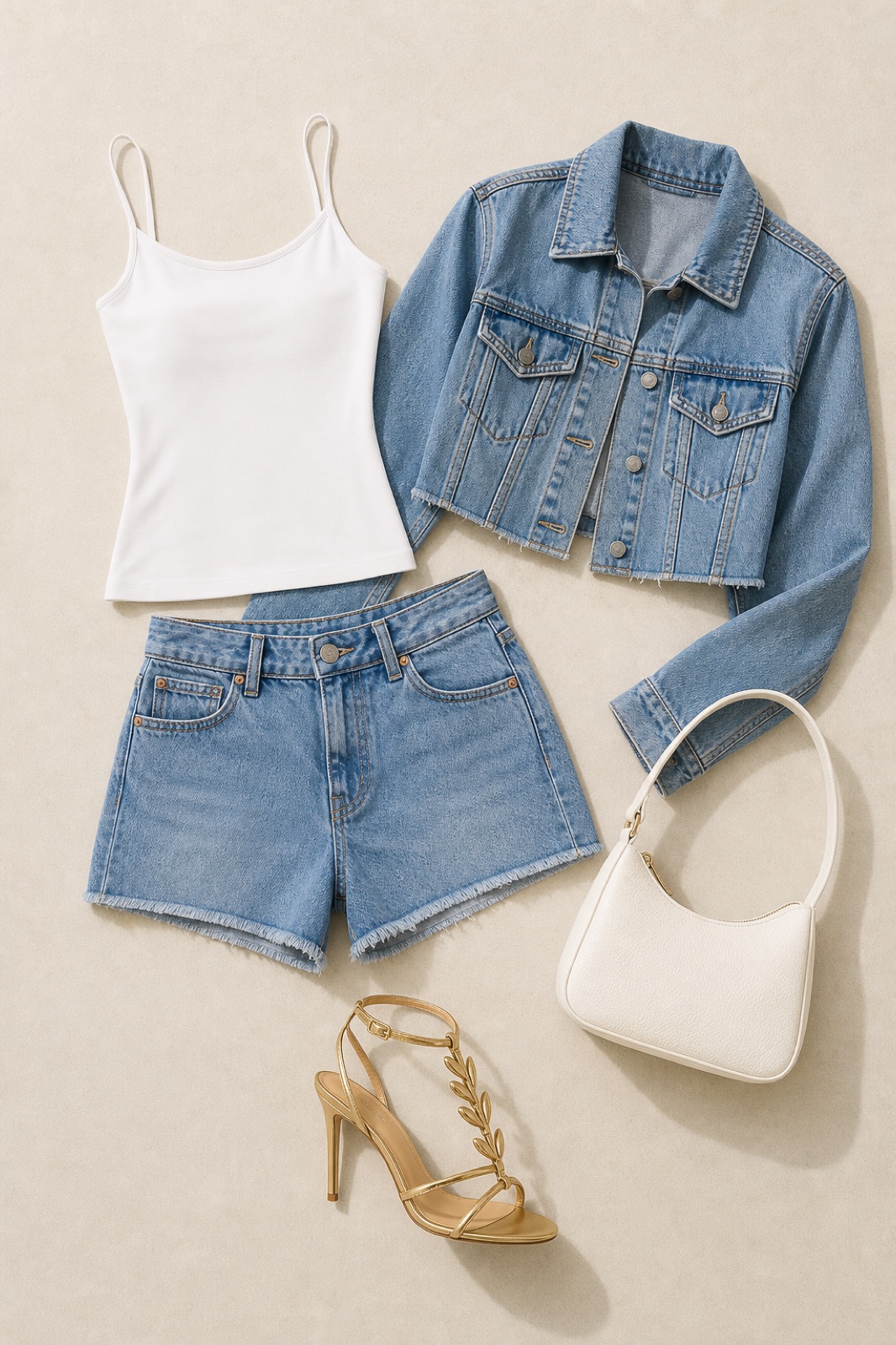 Outfit with White Camisole Tank Top, Denim Shorts, Cropped Denim Jacket curated by @dopasnap