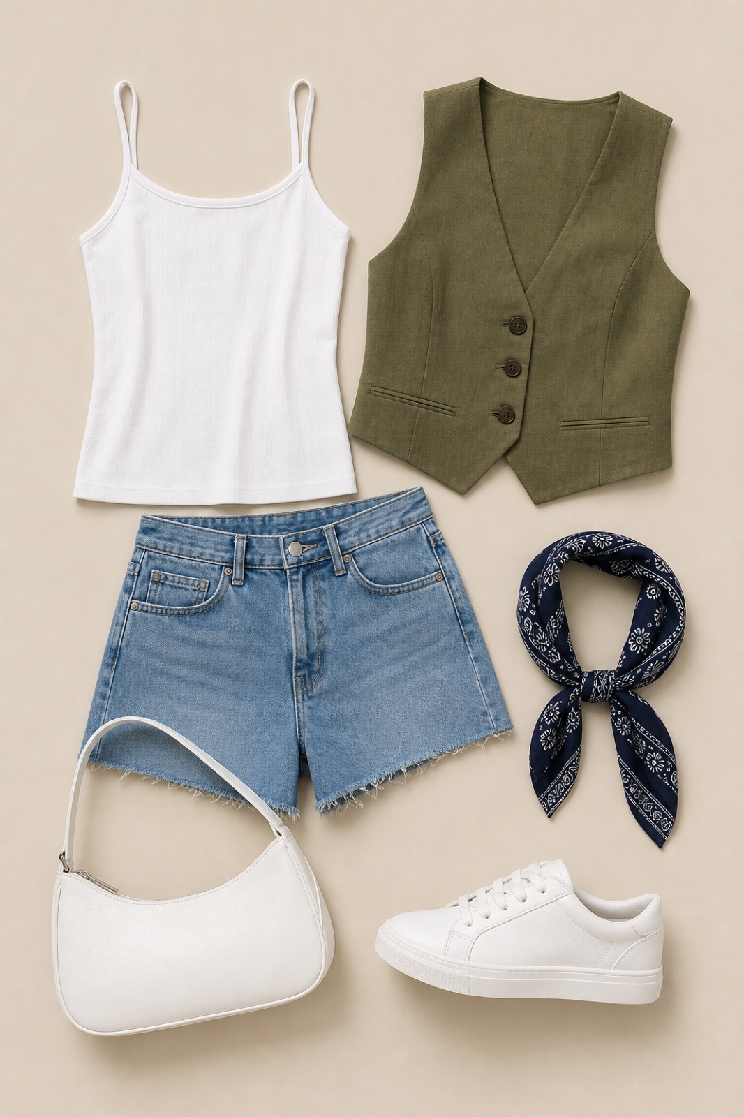 Outfit with White Camisole Tank Top, Denim Shorts, Fancy vest Olive green curated by @dopasnap