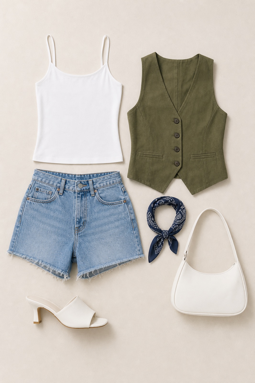 Outfit with White Camisole Tank Top, Denim Shorts, Fancy vest Olive green curated by @dopasnap