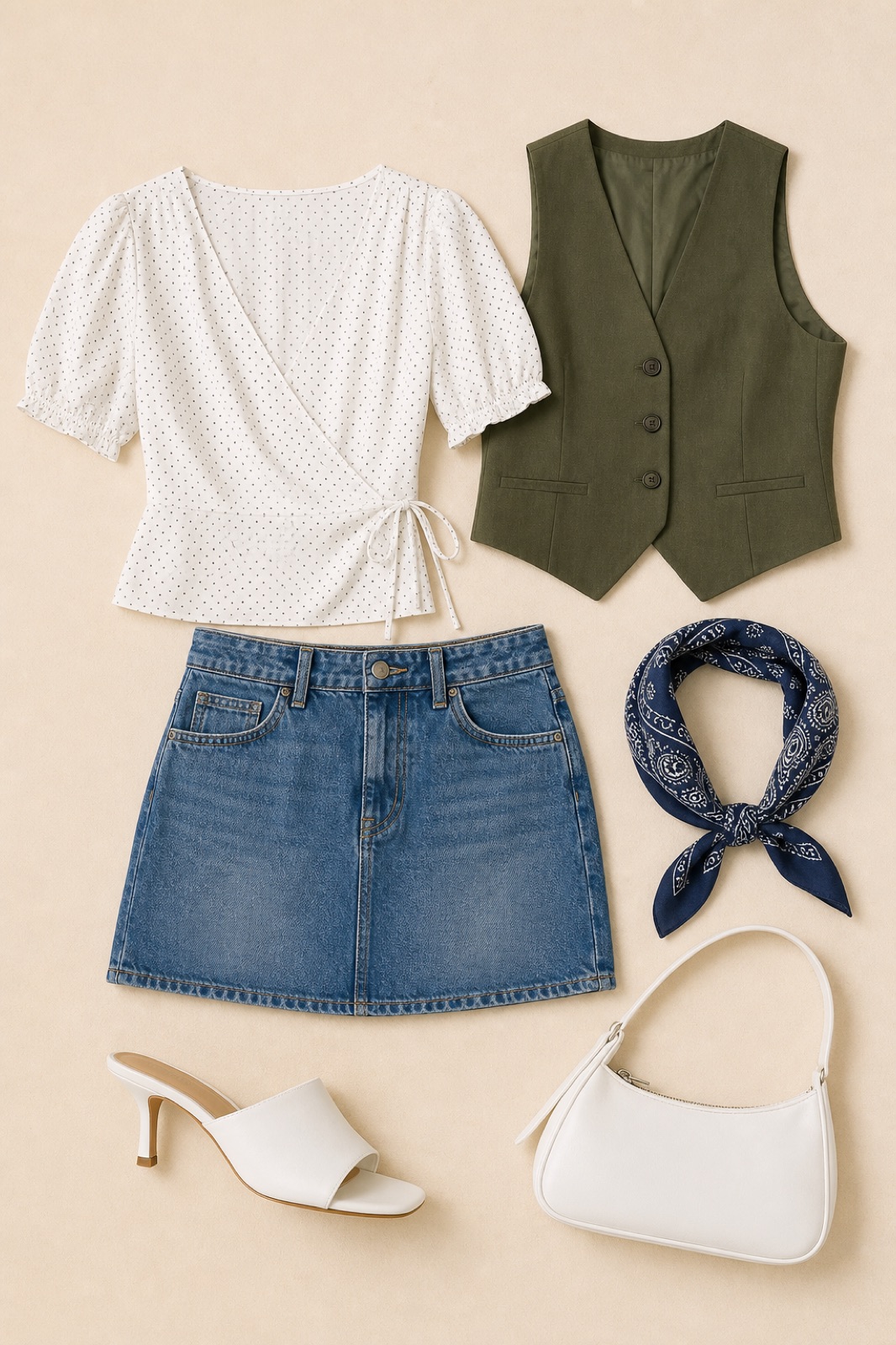 Outfit with white polka dot wrap v-neck top, Denim Mini Skirt, Fancy vest Olive green curated by @dopasnap