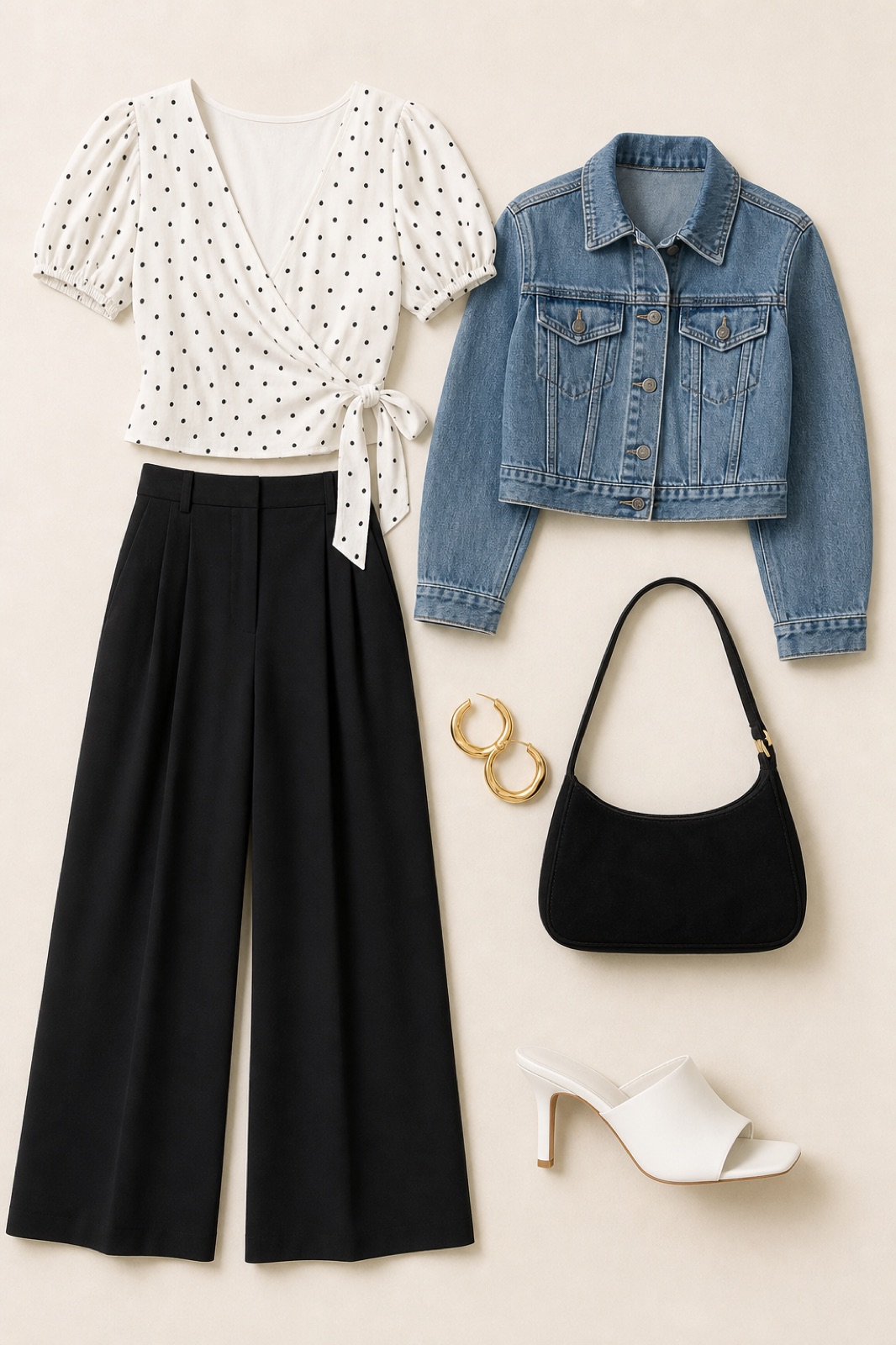 Outfit with white polka dot wrap v-neck top, black tall high-waist wide-leg trousers, Cropped Denim Jacket curated by @dopasnap