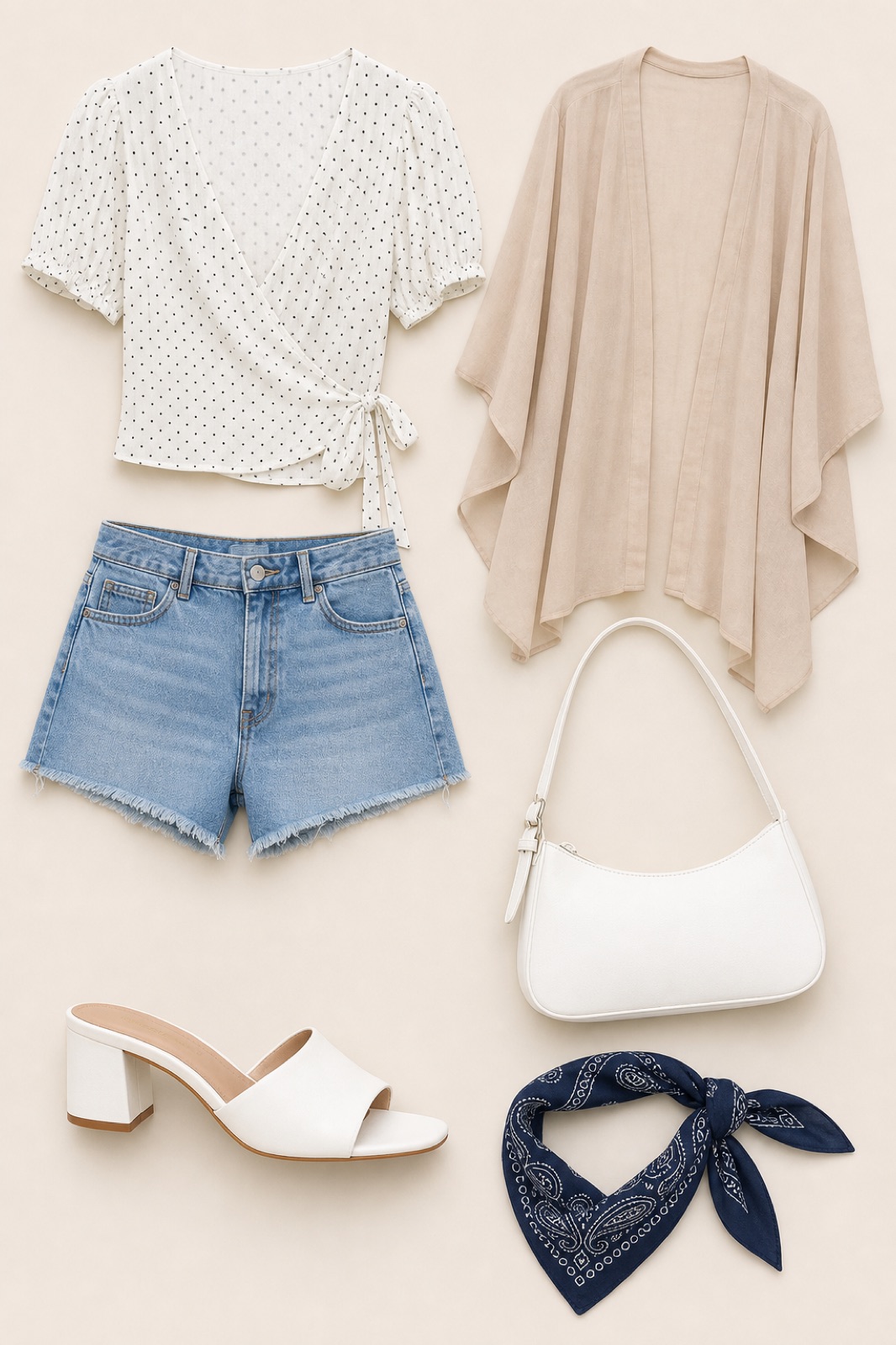 Outfit with white polka dot wrap v-neck top, Denim Shorts, Chiffon Cape Shrug curated by @dopasnap