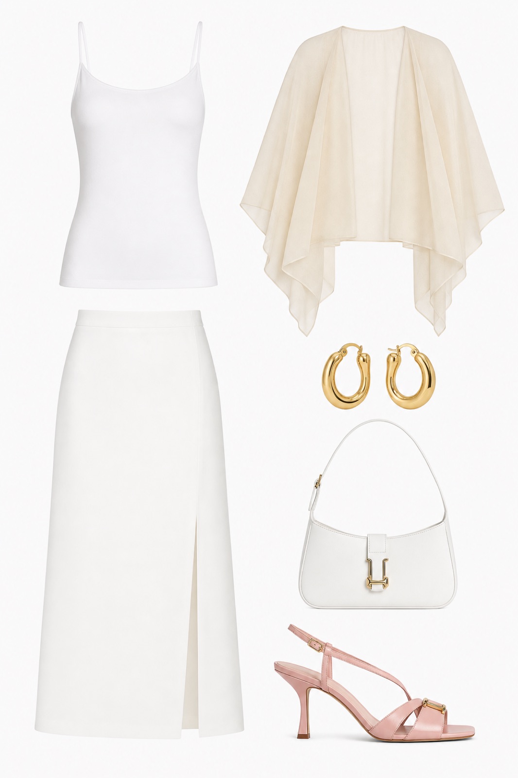 Outfit with White Camisole Tank Top, White Skirt, Chiffon Cape Shrug curated by @dopasnap