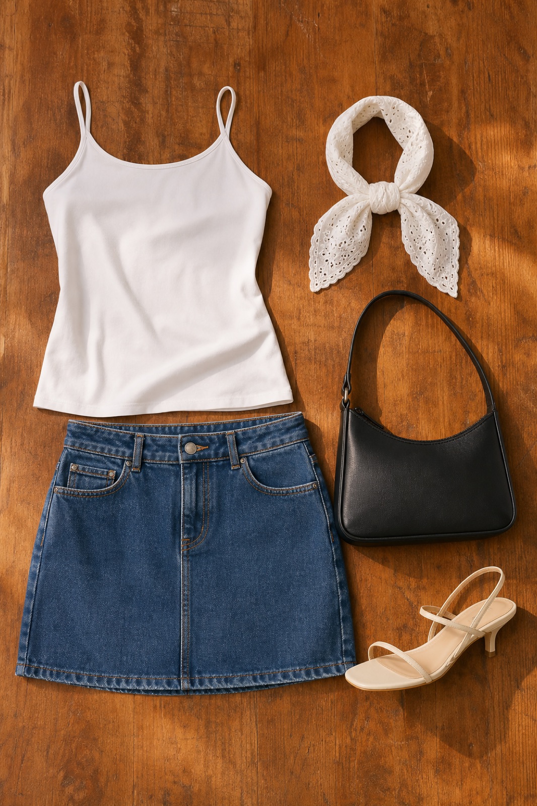 Outfit with White Camisole Tank Top, Denim Mini Skirt, Cream leather minimal strap heeled sandal curated by @dopasnap