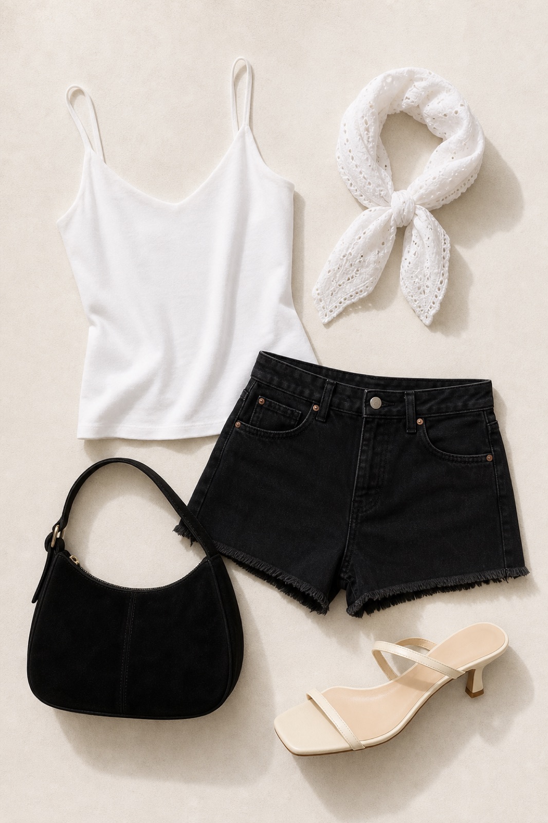 Outfit with White Camisole Tank Top, Black Denim Shorts, Cream leather minimal strap heeled sandal curated by @dopasnap