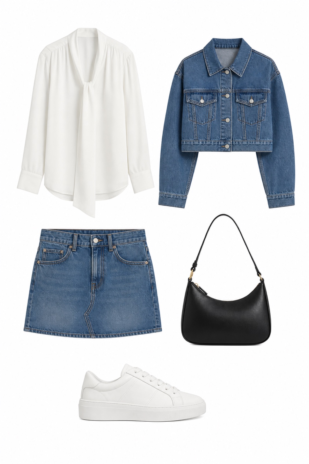 Outfit with White Blouse, Denim Mini Skirt, Cropped Denim Jacket curated by @dopasnap