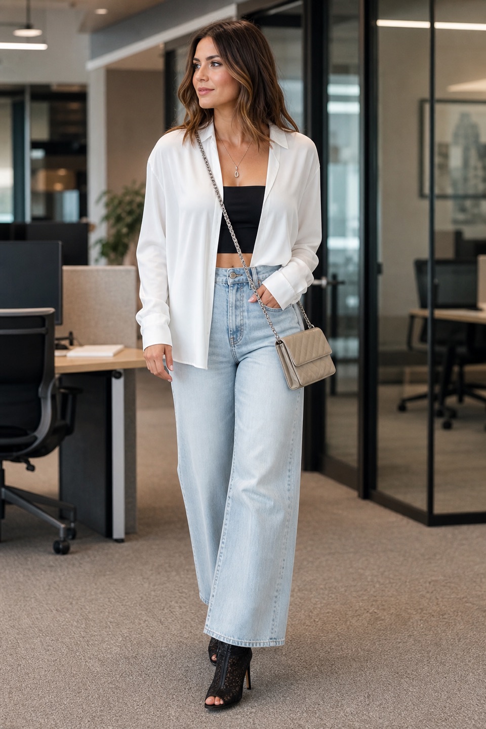 Outfit with White Silk V-Neck Blouse, Light blue black strapless crop top with light wash wide-leg jeans, black lace peep-toe heeled ankle boots curated by @dopasnap