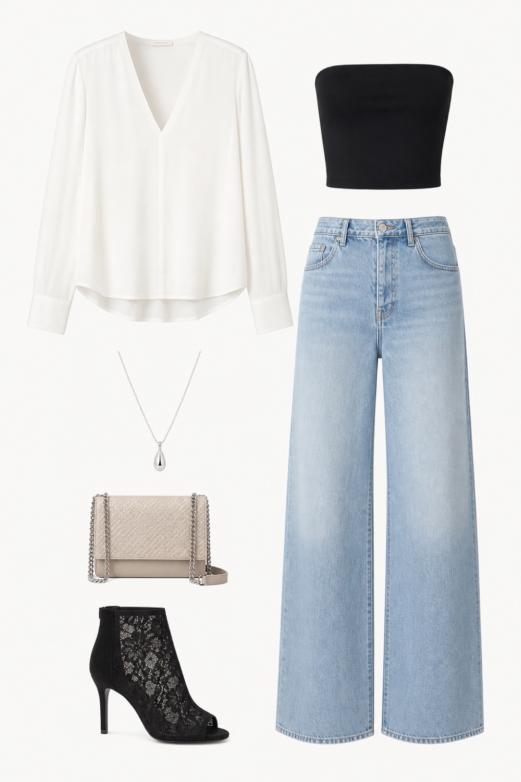 Outfit with White Silk V-Neck Blouse, Light blue black strapless crop top with light wash wide-leg jeans, black lace peep-toe heeled ankle boots curated by @dopasnap