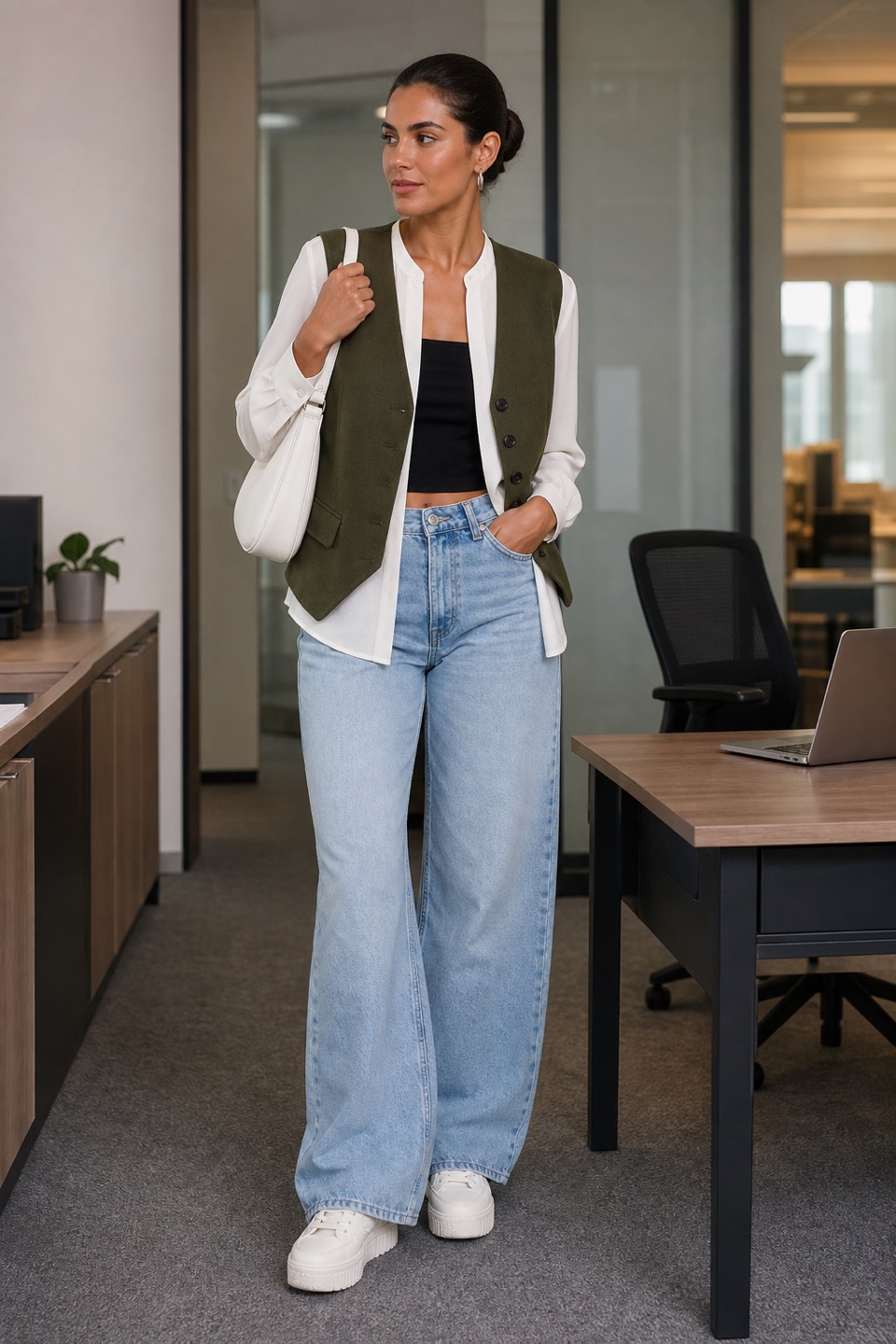 Outfit with White Silk V-Neck Blouse, White Platform Sneakers, White Shoulder Bag curated by @dopasnap