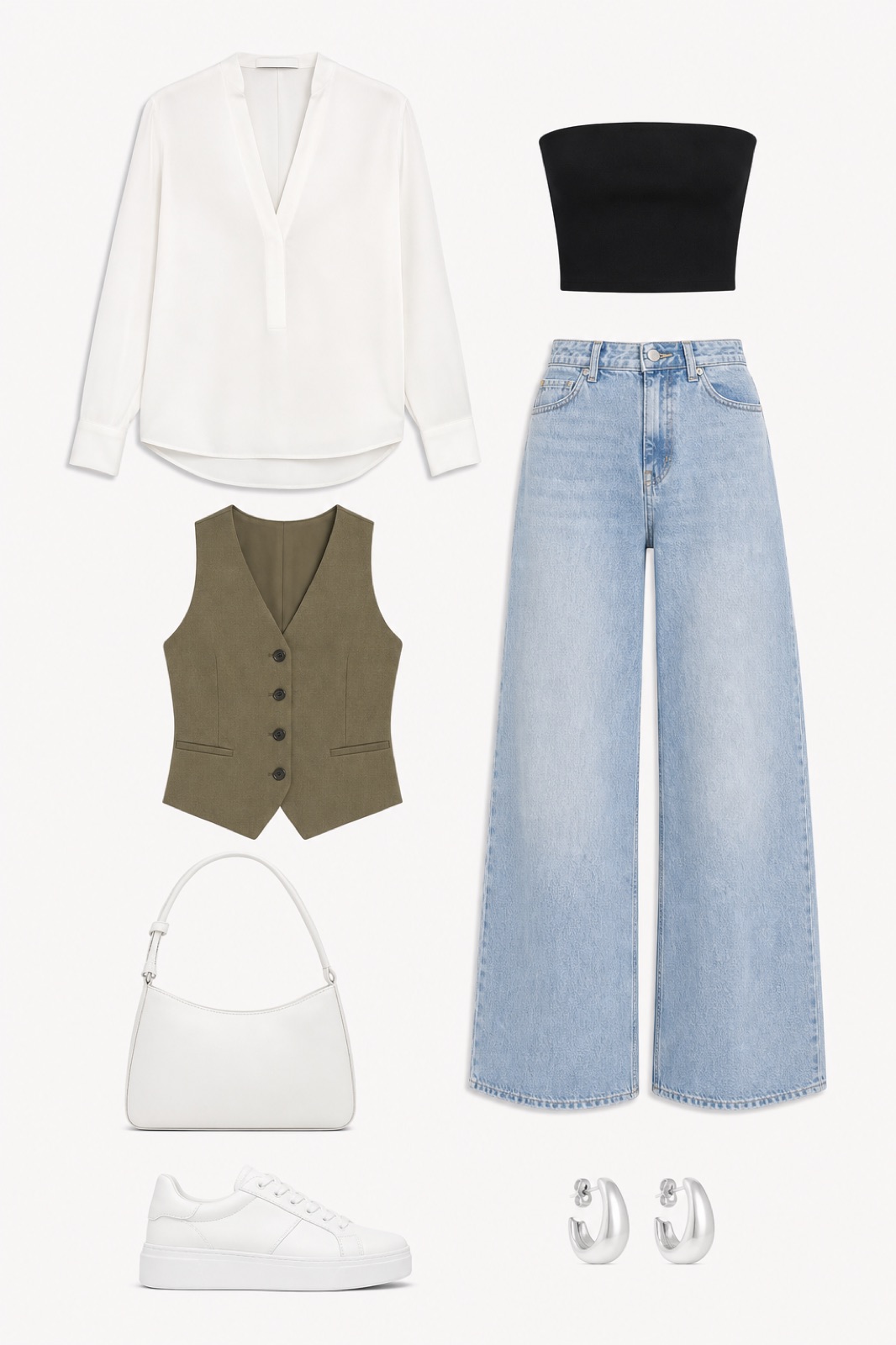 Outfit with White Silk V-Neck Blouse, White Platform Sneakers, White Shoulder Bag curated by @dopasnap