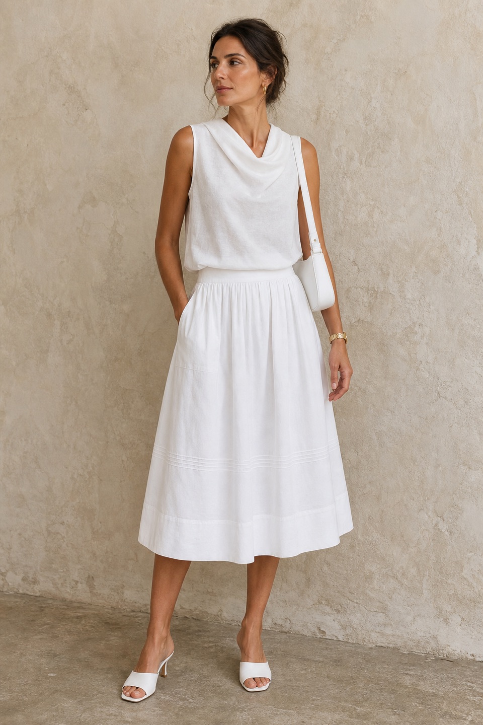 Outfit with White Draped Viscose-Linen Tank Top, White Cotton Midi Skirt, White Mule Heels curated by @dopasnap