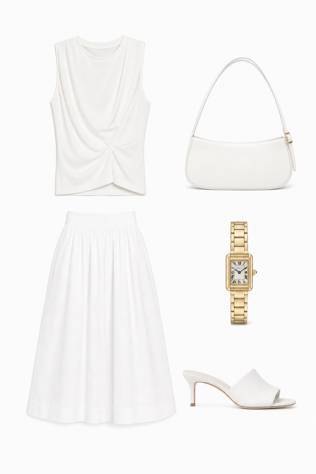 Outfit with White Draped Viscose-Linen Tank Top, White Cotton Midi Skirt, White Mule Heels curated by @dopasnap