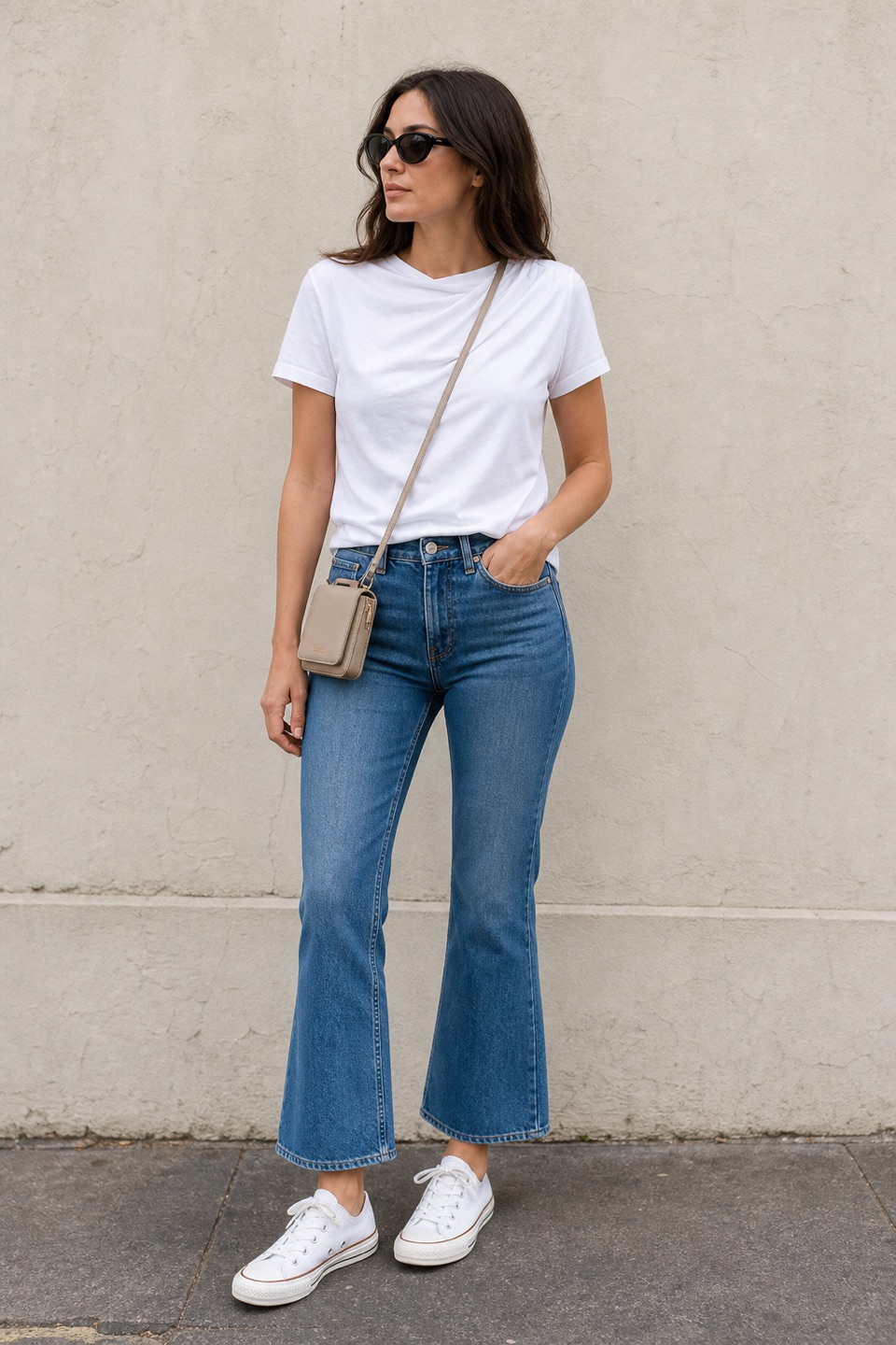 Outfit with White Draped T-Shirt, Blue Cropped Flared Jeans, White Canvas Low-Top Sneakers curated by @dopasnap