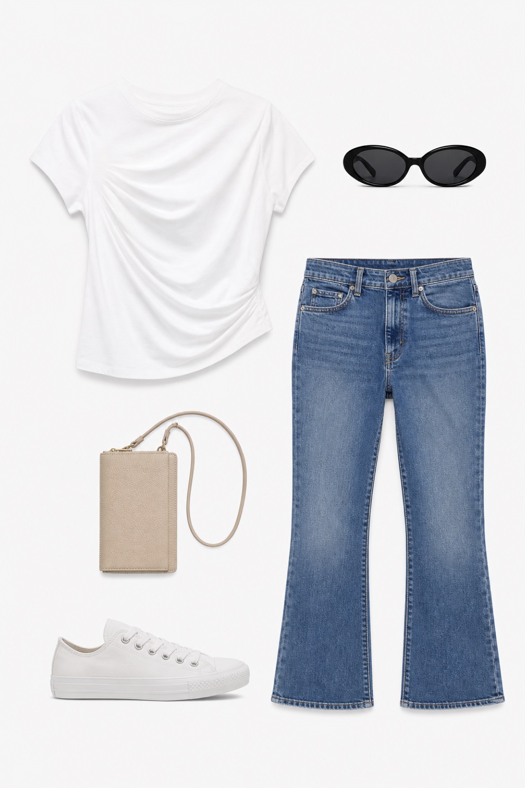 Outfit with White Draped T-Shirt, Blue Cropped Flared Jeans, White Canvas Low-Top Sneakers curated by @dopasnap