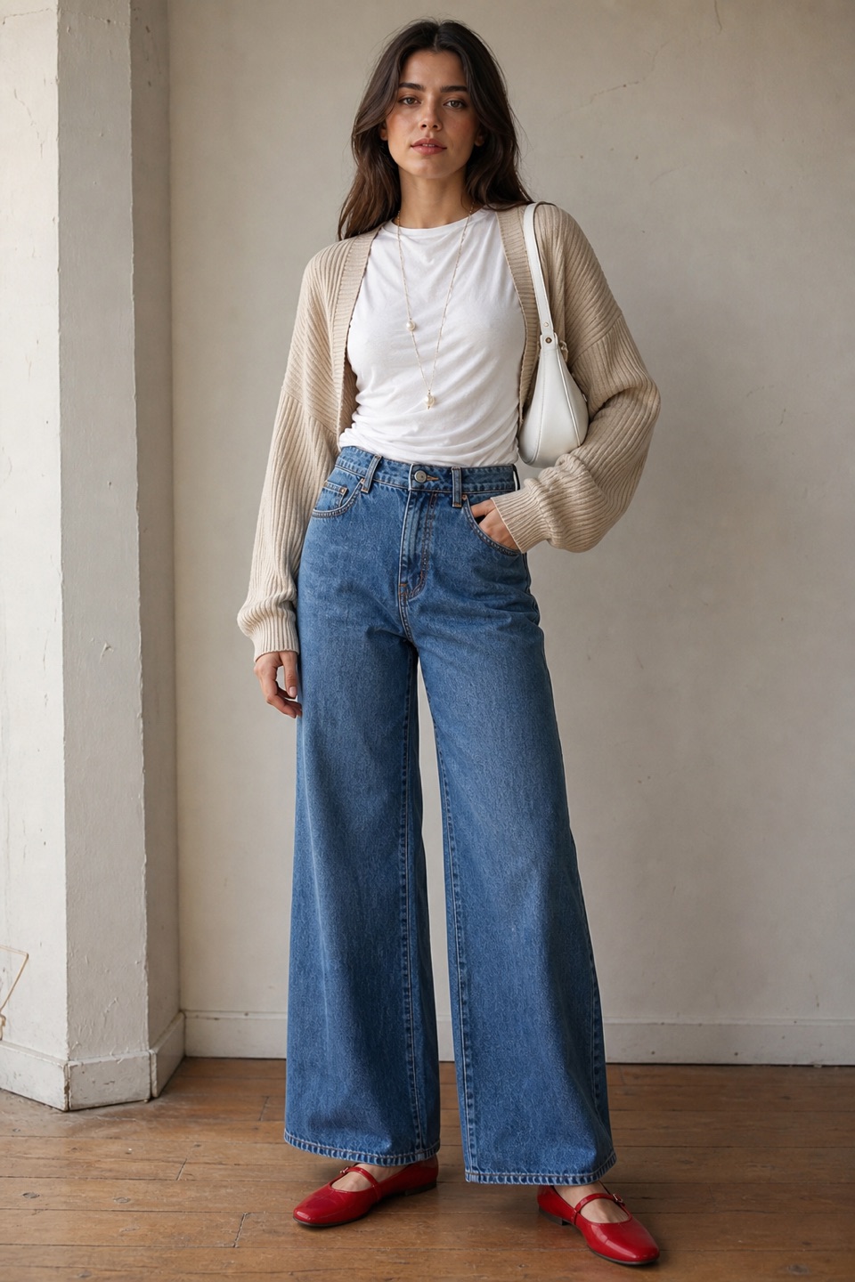 Outfit with White Heavy Stretch Draped T-Shirt, Blue High-Waist Wide-Leg Denim Jeans, Red Mary Jane Flats curated by @dopasnap
