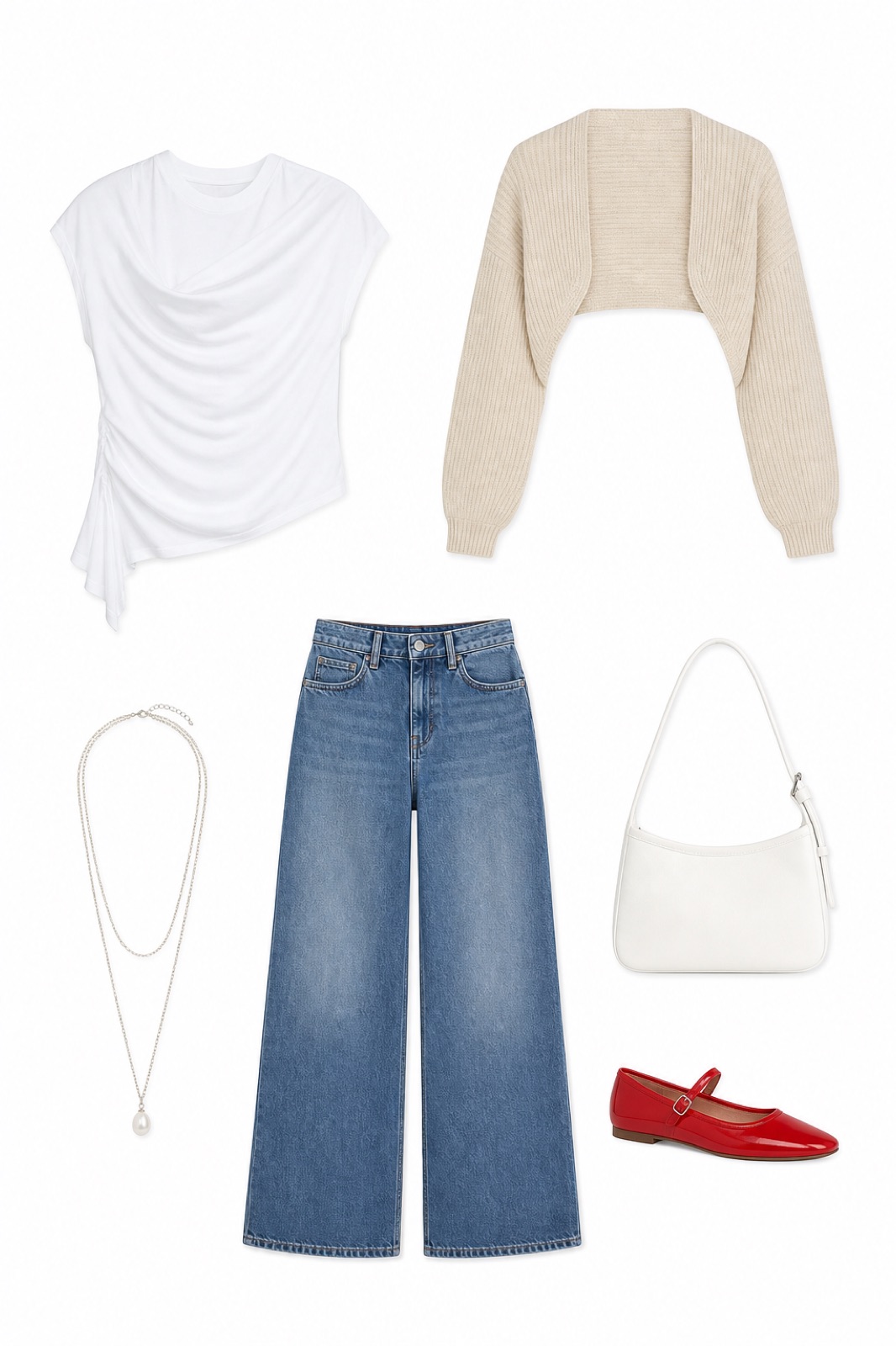Outfit with White Heavy Stretch Draped T-Shirt, Blue High-Waist Wide-Leg Denim Jeans, Red Mary Jane Flats curated by @dopasnap
