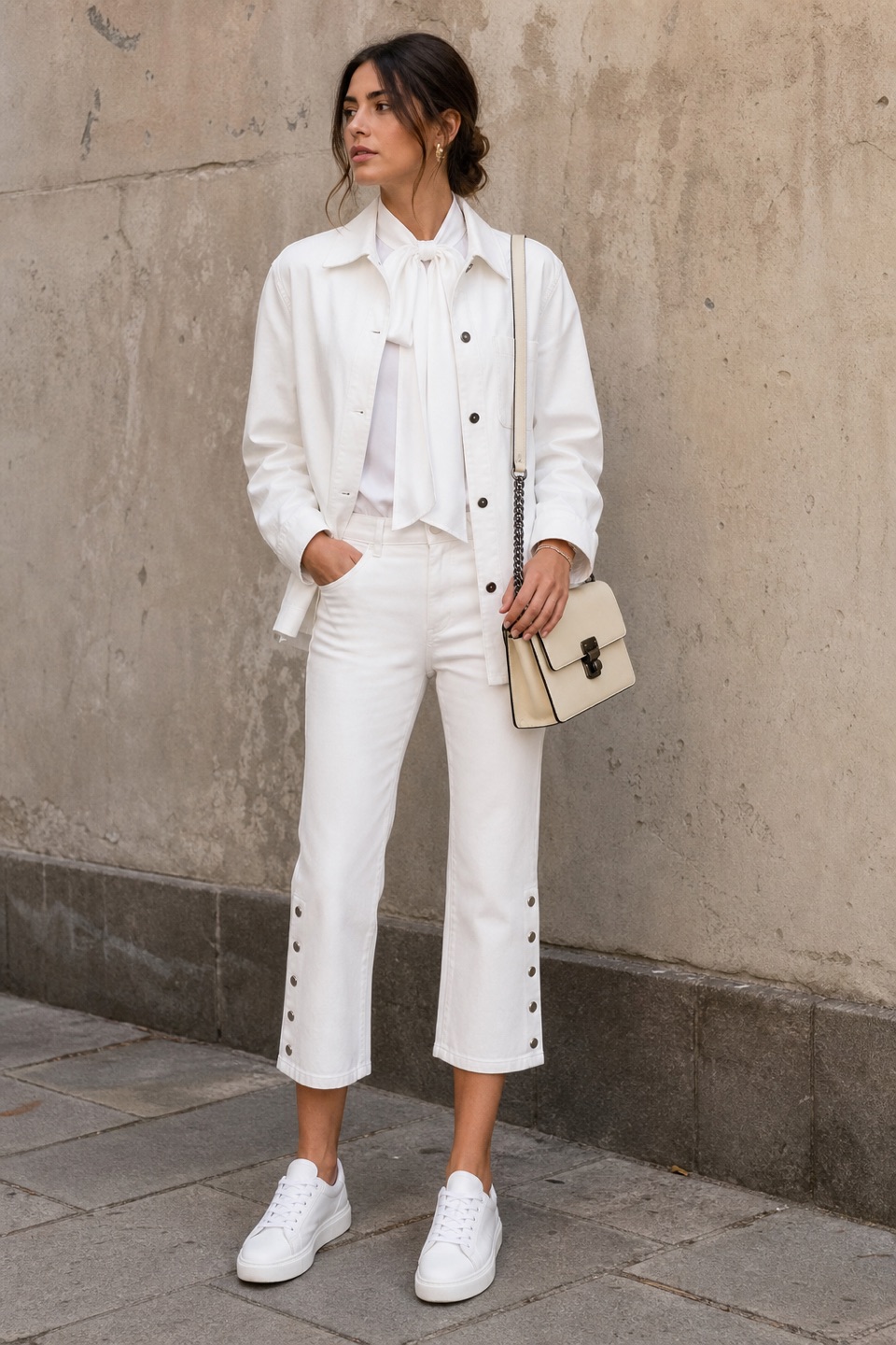 Outfit with White Bow-Collar Poplin Shirt, White Cropped Denim Jeans, White Leather Low-Top Sneakers curated by @dopasnap