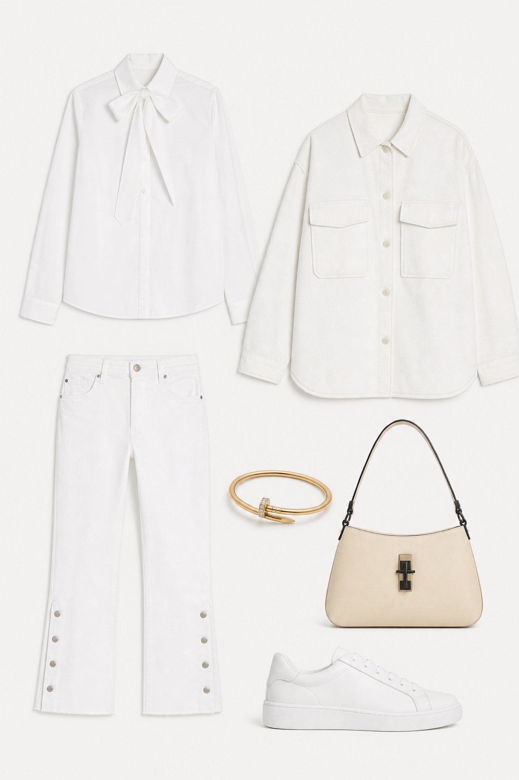Outfit with White Bow-Collar Poplin Shirt, White Cropped Denim Jeans, White Leather Low-Top Sneakers curated by @dopasnap