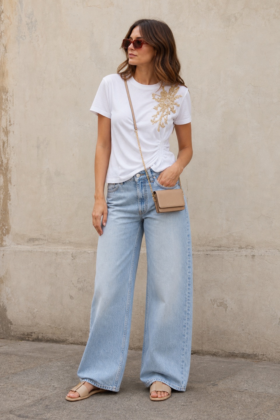 Outfit with White Gold-Appliqué T-Shirt, Light Blue Wide-Leg Jeans, Leather Slide Sandals curated by @dopasnap