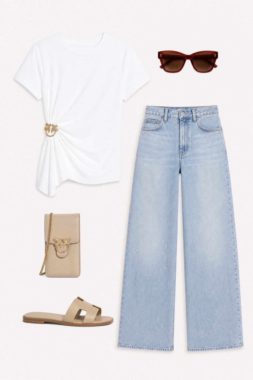 Outfit with White Gold-Appliqué T-Shirt, Light Blue Wide-Leg Jeans, Leather Slide Sandals curated by @dopasnap